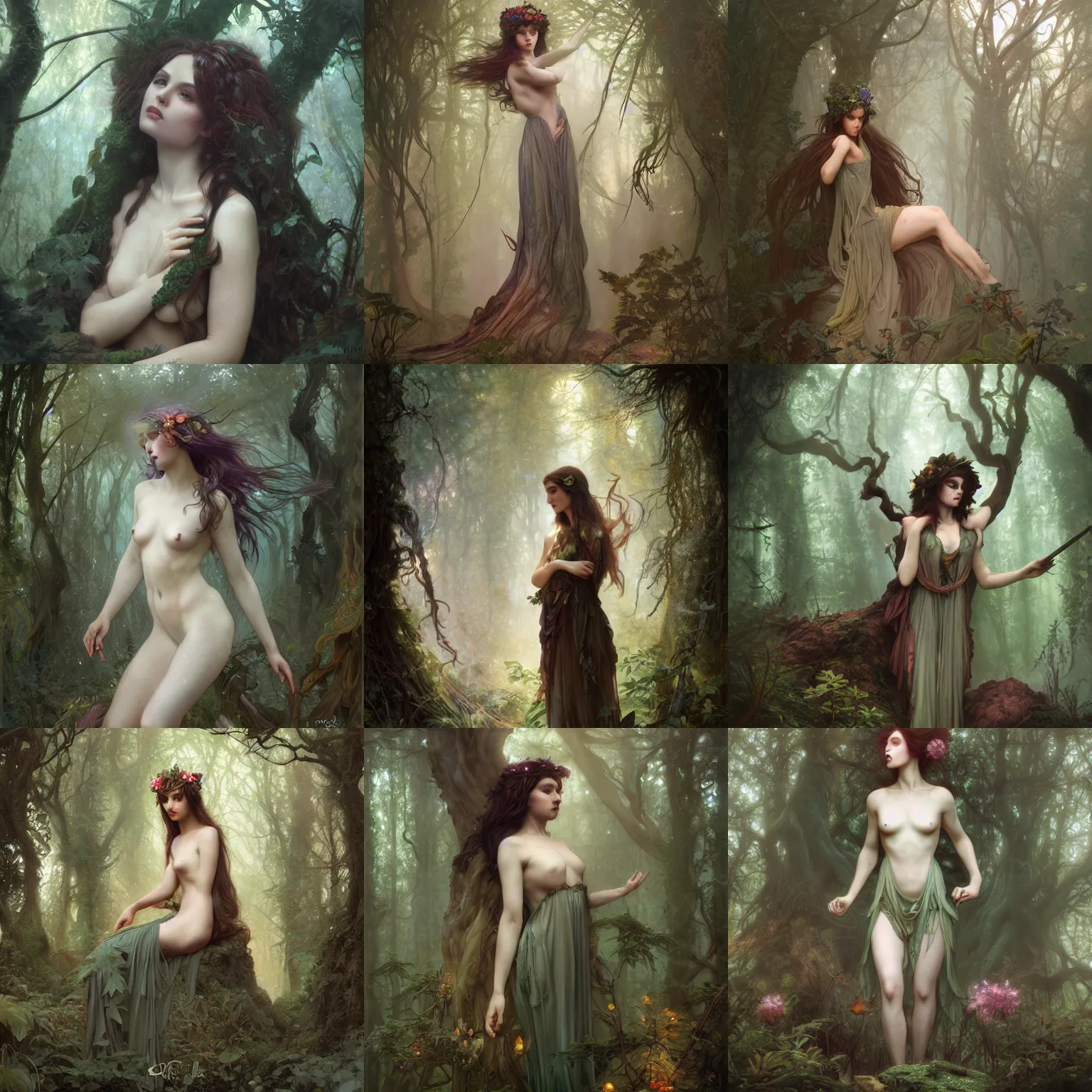 Prompt: dryad in the forest, moody, muted colors, digital art, concept art, viktoria gavrilenko, wlop, xiaoguang sun, alphonse mucha, magali villeneuve, tom bagshaw, william adolphe bouguereau