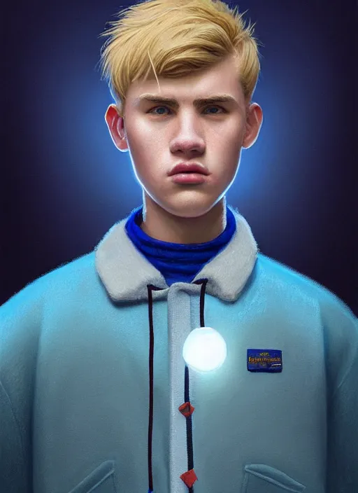 Image similar to portrait of a high school senior boy named big moose, blonde short hair, jock, beefy, wide face, square jaw, square facial structure, blue varsity jacket, intricate, elegant, glowing lights, highly detailed, digital painting, artstation, concept art, smooth, sharp focus, illustration, art by wlop, mars ravelo and greg rutkowski