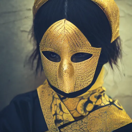 Image similar to japanese female black balaclava mask with golden necklace and open kimono, art noveau, fresco by michaelangelo, photo portrait, beautiful female model, tokyosky, female sitting on skyscreapper, rain, city neon light, bokeh, long exposure, kodak promax 4 0 0, sony lens, golden fractals and dmt