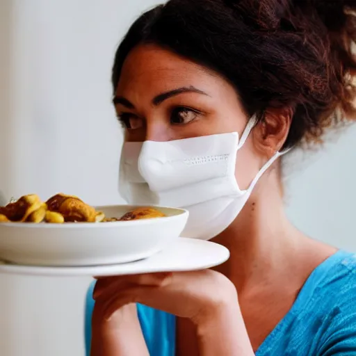 Image similar to woman with a nose mask, eating a plate of soy