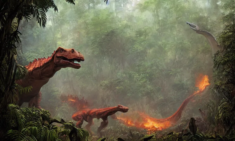 Image similar to a detailed painting of a fire-breathing dinosaur in the jungle, by James Gurney and Greg Rutkowski
