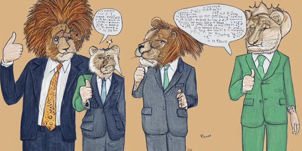 Prompt: an anthropomorphic lion wearing a suit and giving a thumbs up to his business partner, by lisa hanawalt, by wanda gag