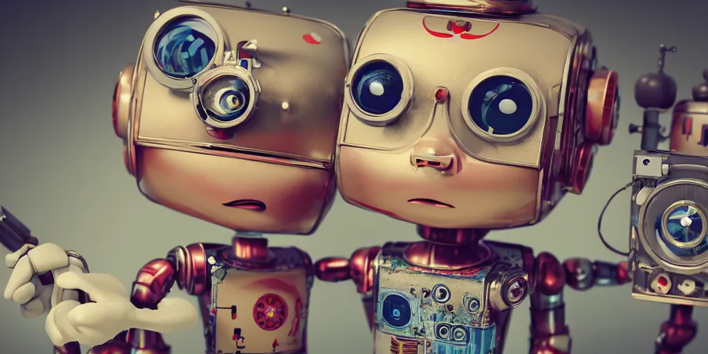 Prompt: closeup portrait of tin toy retro robot developper programming in a computer lab, depth of field, zeiss lens, detailed, centered, fashion photoshoot, by nicoletta ceccoli, mark ryden, lostfish, breathtaking, 8 k resolution, extremely detailed, beautiful, establishing shot, artistic, hyperrealistic, octane render