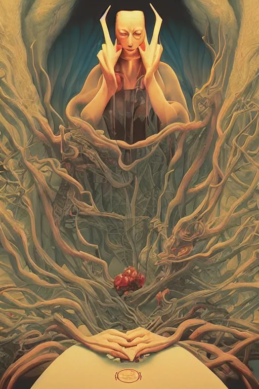 Image similar to poster artwork by Michael Whelan and Tomer Hanuka, Karol Bak of the egregore, from scene from Twin Peaks, clean, simple illustration, nostalgic, domestic, full of details