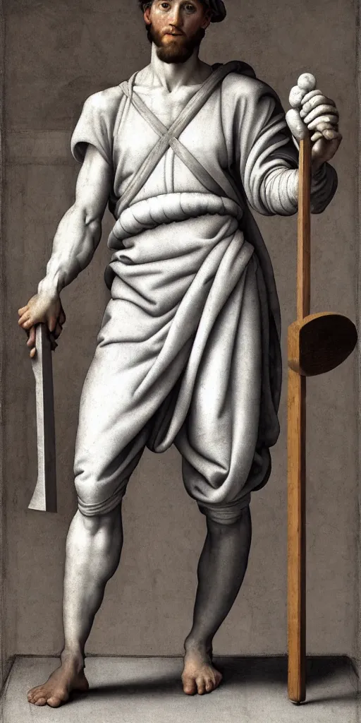 Image similar to a twenty - something michelangelo wearing peasant clothing of the renaissance holds a chisel in one hand and a mallet in the other, in the background a rectangular prism of white marble with gray streaks, photorealistic, hyperdetailed, studio lighting, octane render, caustics