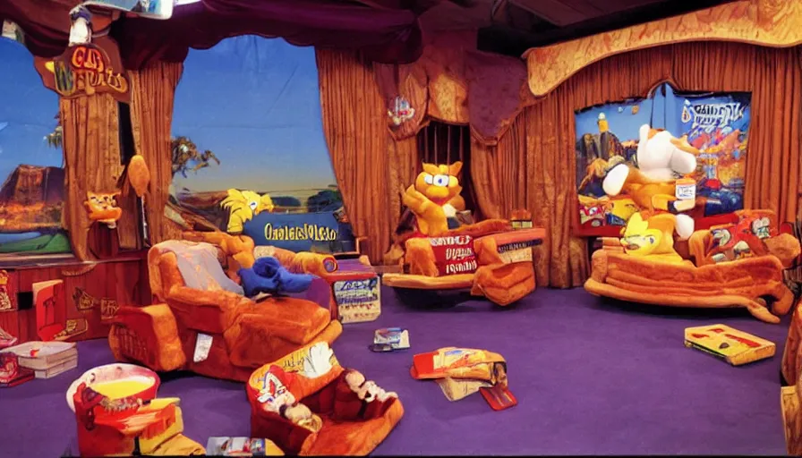 Image similar to 1990s photo of inside the Garfield's Wild Dream ride at Universal Studios in Orlando, Florida, riding a box with a blanket, with Garfield the cartoon cat, through a living room filled lasagna, coffee cups, and lava lamps, cinematic, UHD