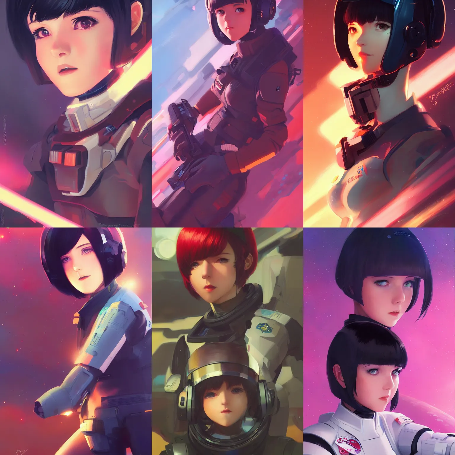 Prompt: a cute young female space fighter pilot with black bob cut hair, sci-fi setting, vivid colors, soft lighting, atmospheric, cinematic, moody, in the style of Ilya Kuvshinov and Range Murata, Krenz Cushart, oil on canvas, 8k