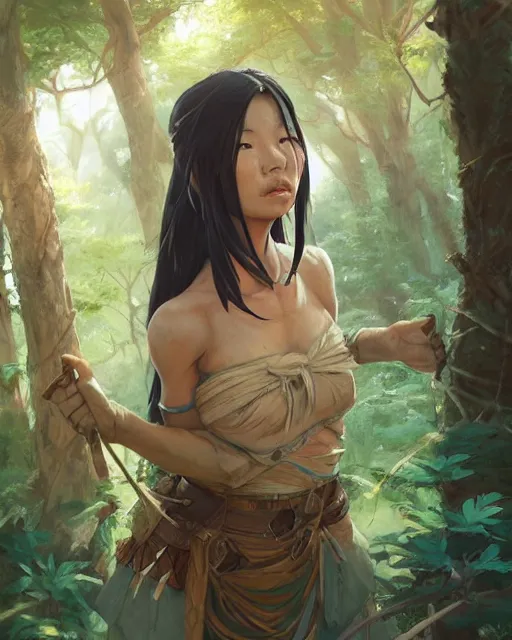 Image similar to an asian tribeswoman standing in the woods. By Makoto Shinkai, Stanley Artgerm Lau, WLOP, Rossdraws, James Jean, Andrei Riabovitchev, Marc Simonetti, krenz cushart, Sakimichan, D&D trending on ArtStation, digital art.