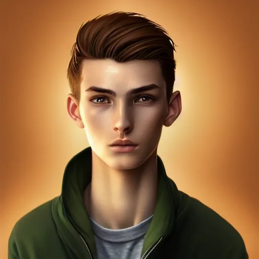 Image similar to teenage boy with brown blond short quiff hair and thin slightly round facial structure with cleft chin, bumpy nose, good definition of cheekbones, hazel nut brown eyes, narrow face, slim body, atmospheric lighting, painted, intricate, 4k, highly detailed by Charlie Bowater