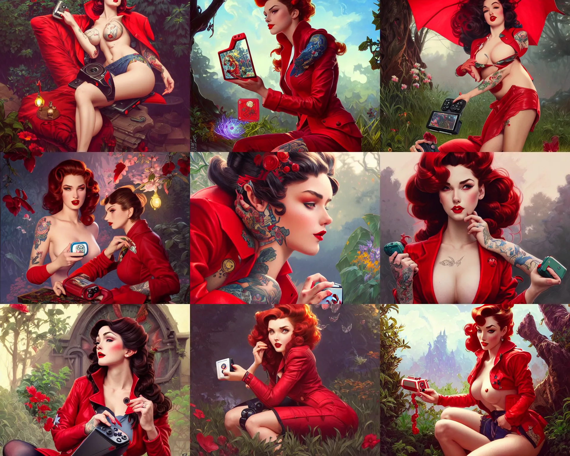 Prompt: red jacket tattooed pinup sits on the garden playing with the nintendo switch, deep focus, turnaround, fantasy, intricate, elegant, highly detailed, digital painting, artstation, concept art, matte, sharp focus, illustration, hearthstone, art by artgerm and greg rutkowski and alphonse mucha.