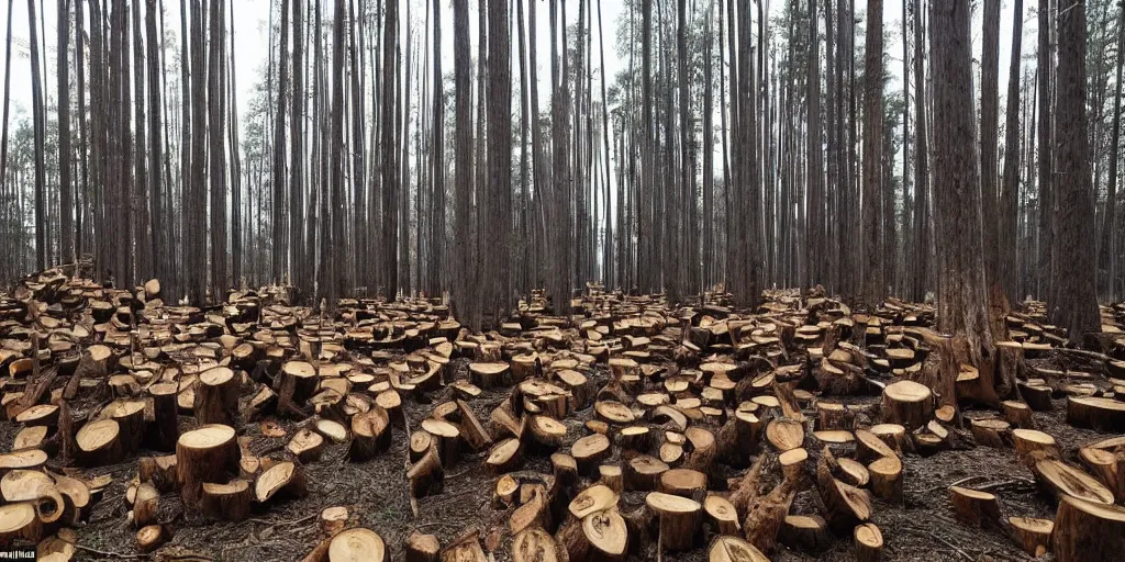 Image similar to photo of a wide clear - cut forest, thick large reedwood tree stumps as far as the eye can see, sad,