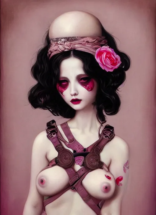 Image similar to pop surrealism, lowbrow art, realistic seductive cute woman painting, pink body harness, japanese shibari, hyper realism, muted colours, rococo, natalie shau, loreta lux, tom bagshaw, mark ryden, trevor brown style,