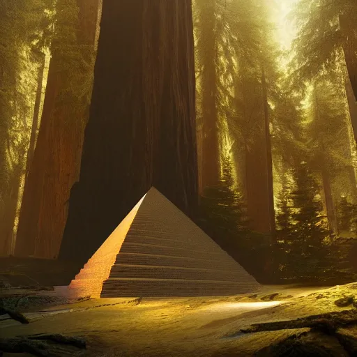 Prompt: pyramid in a redwood forest, sunlit, octane render, matte, greg rutkowski, highly detailed, hdr