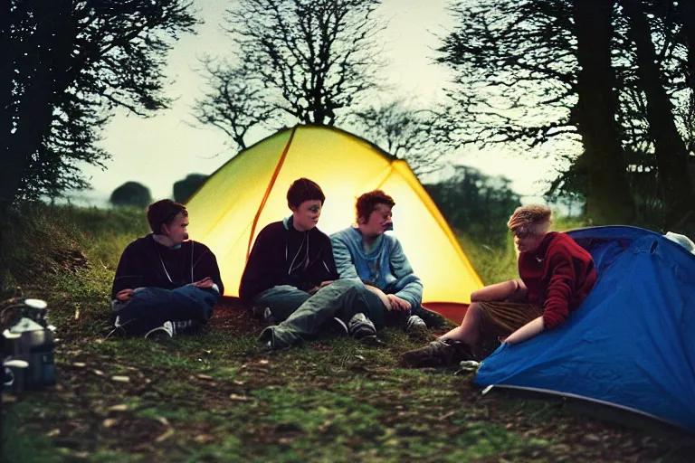 Image similar to candid photo of 3 teenagers camping at Glastonbury, UK, Kodak Portra 200,8K,highly detailed: beautiful perspective closeup environmental portrait photo in style of 2000s retrofuturism, cinema lighting , by beksinski, photography fashion edition, tilt shift, highly detailed, focus on man ;blonde hair;blue eyes, clear eyes, soft lighting