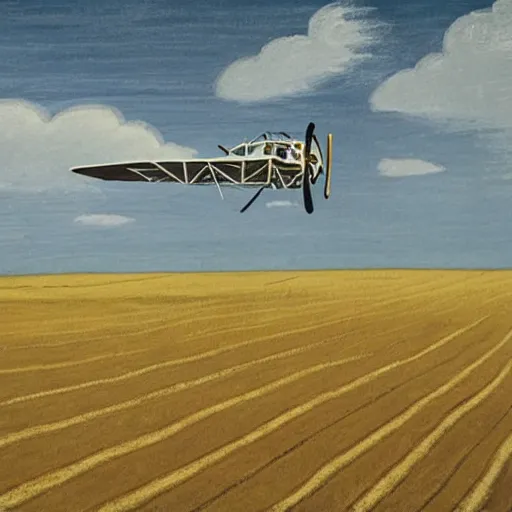 Prompt: a biplane flying low over a wheat field, by eric ravilious