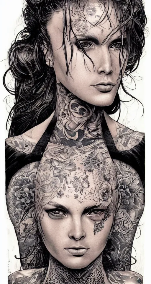 Image similar to a beautiful portrait of a woman with many tattoos, Travis Charest style