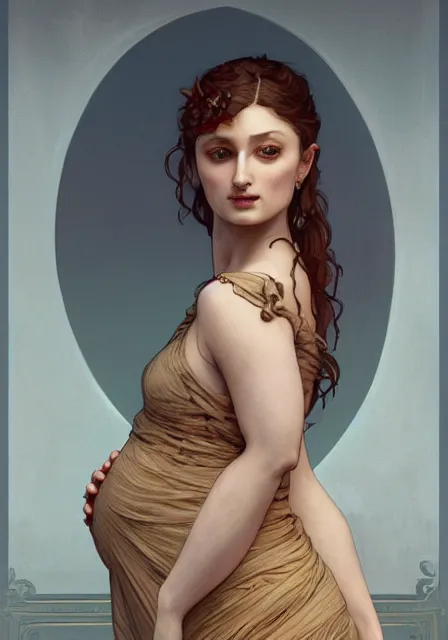 Image similar to sansa pregnant mummy zombie, intricate, elegant, highly detailed, digital painting, artstation, concept art, smooth, sharp focus, illustration, art by artgerm and greg rutkowski and alphonse mucha and william - adolphe bouguereau