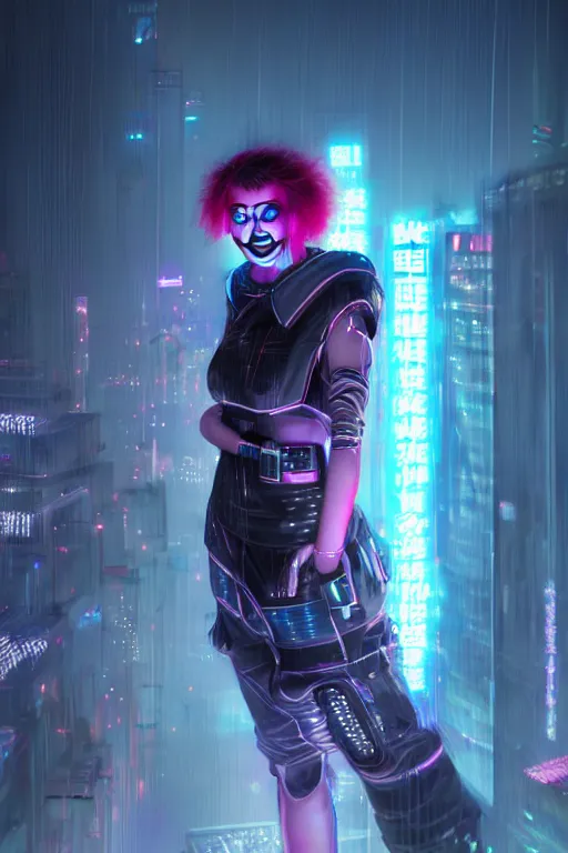 Prompt: portrait futuristic stylish cyberpunk young female clown, in futuristic rainny thunder flashing tokyo rooftop cyberpunk night, ssci-fi, fantasy, intricate, very very beautiful, elegant, neon light, highly detailed, digital painting, artstation, concept art, soft light, hdri, smooth, sharp focus, illustration, art by tian zi and craig mullins and WLOP and alphonse mucha