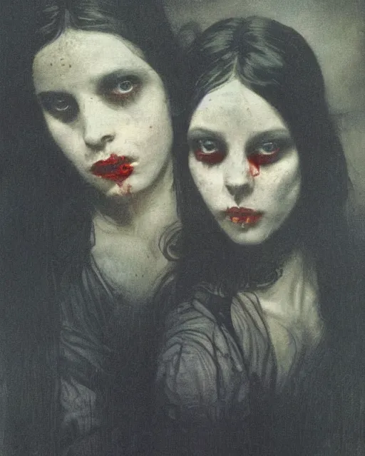 Prompt: a beautiful and eerie baroque painting of two beautiful but creepy siblings wearing black band shirts in layers of fear, with haunted eyes and dark hair, 1 9 7 0 s, seventies, wallpaper, a little blood, morning light showing injuries, delicate embellishments, painterly, offset printing technique, by brom, robert henri, walter popp