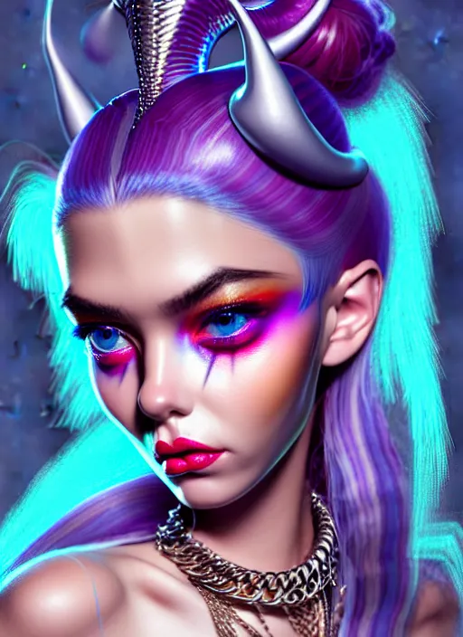 Image similar to disney weta portrait, beautiful gloss porcelain white edm raver clowncore pearl chain horned angel madison beer cyborg woman, bling, sci - fi, fantasy, cyberpunk, intricate, decadent, highly detailed, digital painting, ever after high, octane render, artstation, concept art, smooth, sharp focus, illustration, art by artgerm, loish, wlop