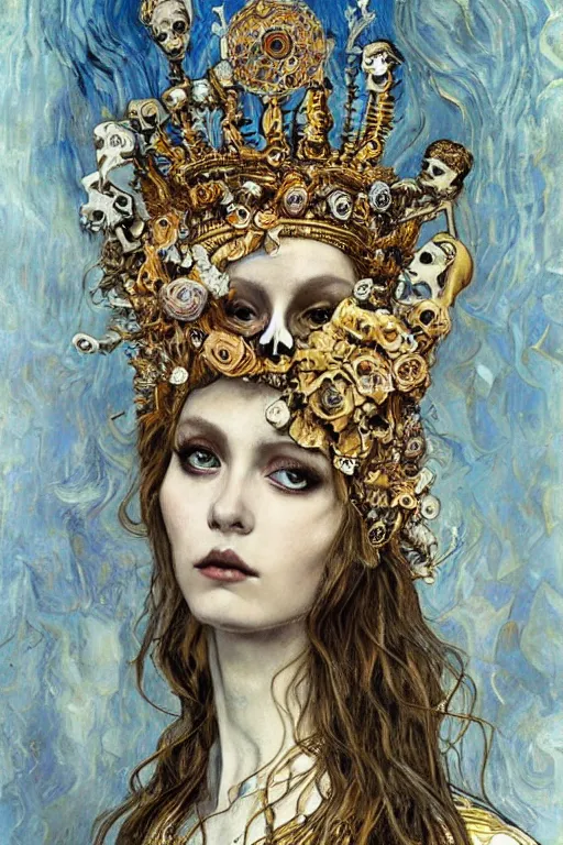 Image similar to The Queen of Bones by Karol Bak, Jean Deville, Gustav Klimt, and Vincent Van Gogh, portrait of a porcelain princess wearing a crown, beautiful porcelain doll face, pale blue eyes, mystic eye, otherworldly, crown made of bones, ornate jeweled crown, skulls, fractal structures, arcane, inscribed runes, infernal relics, ornate gilded medieval icon, third eye, spirals, rich deep moody colors