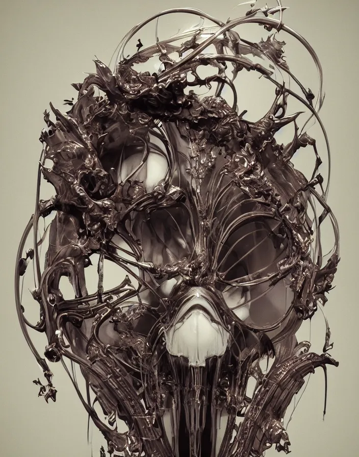 Prompt: symmetrical biomechanical mask of a demon by Roberto Ferri. beautiful princess face. Edison bulb. white plastic. human skull jellyfish butterfly phoenix head. burning water. baroque ornament details, intricate artwork by Tooth Wu and wlop and beeple and dan mumford and greg rutkowski. halo. octane render, cinematic, hyper realism, octane render, 8k, depth of field, bokeh. iridescent touch. vibrant. saturated