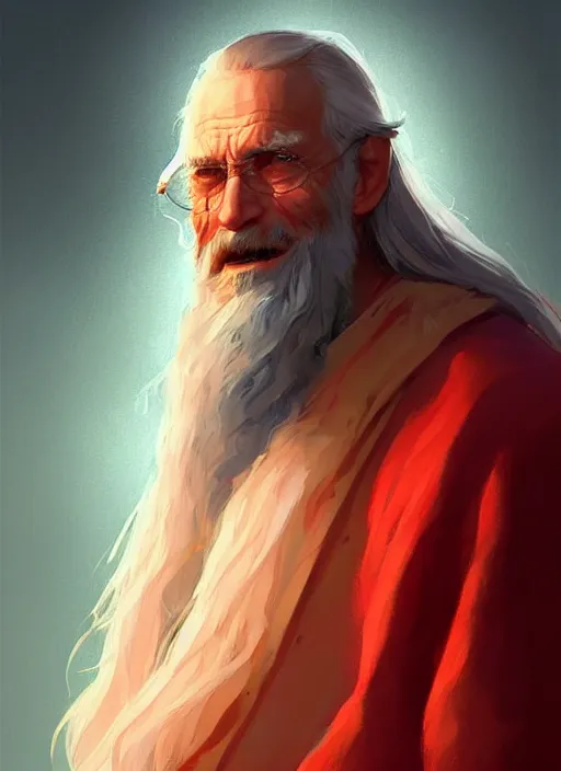 Image similar to old man with short beard, long hair! robes! modern, colourful!! highly detailed, digital painting, artstation, concept art, sharp focus, illustration, by greg rutkowski