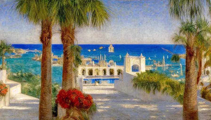 Image similar to a 1 9 9 8 southern spain palace!!! costa blanca, designed by jules bastien - lepage, bispo do rosario, arnold bocklin, tarsila do amaral and gustave baumann, cheval michael, warm, mediterranean, star, sharp focus, colorful refracted sparkles and lines, soft light, 8 k 4 k