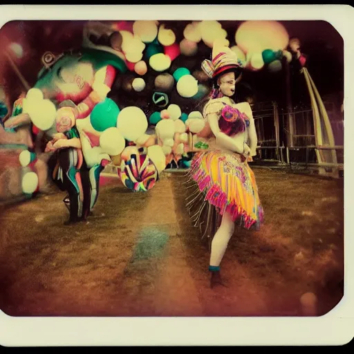 Image similar to polaroid of a surreal artsy dream scene, weird costumes, circus, double exposure