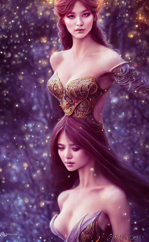 Image similar to a fantasy photo of gorgeous russian female, evening gown, bokeh, medium shot, beautiful face, professionally retouched, soft lighting, realistic, smooth face, perfect eyes, sharp focus, 8 k realistic high definition, insanely detailed, intricate, elegant, art by artgerm and kyoung hwan kim