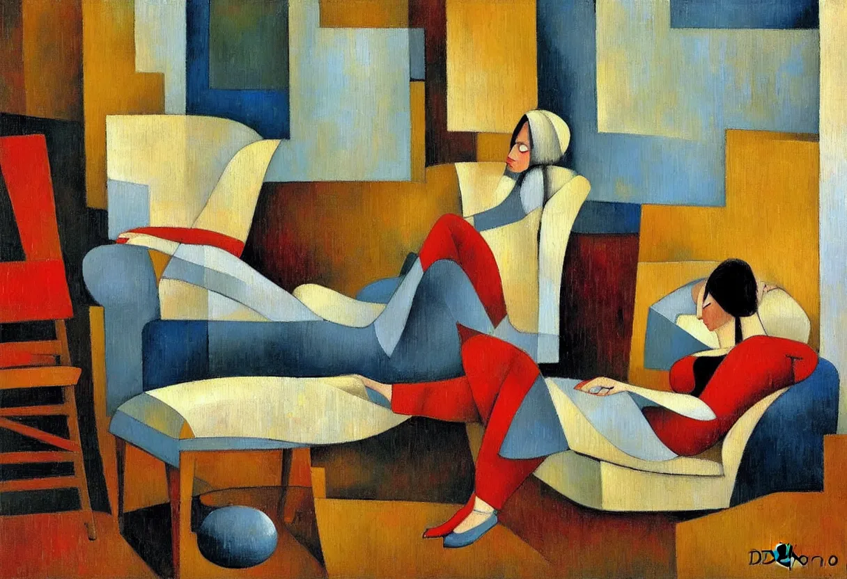 Prompt: figurative oil painting of a woman relaxing in her cosy home, art by didier lourenco, spanish modernism, patterned background, balanced and aesthetically pleasing colors