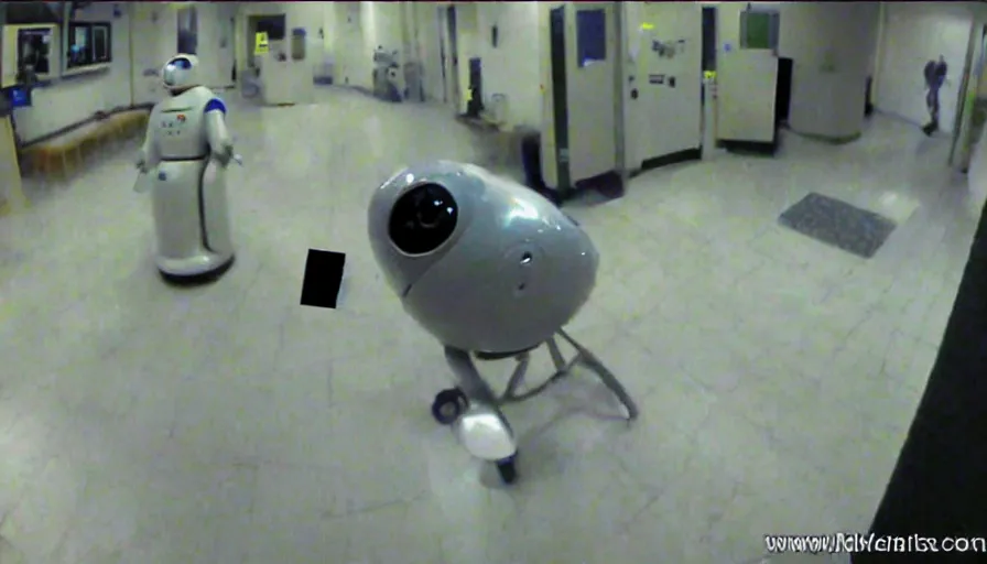 Prompt: a man being hospitalized by robots, by mini dv camera, very very low quality, heavy grain, very blurry, accidental flash, webcam footage, found footage, security cam, caught on trail cam