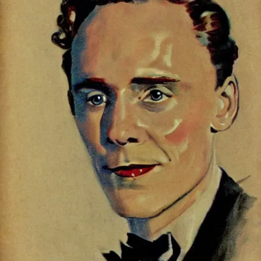 Prompt: Tom Hiddleston portrait, vintage magazine illustration 1950