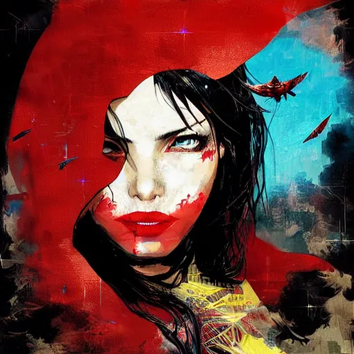 Image similar to portrait of a daydreaming latina woman in a red hood being progressively rasterized into pixels, surrounded by digital birds, by yoji shinkawa, esao andrews and dave mckean