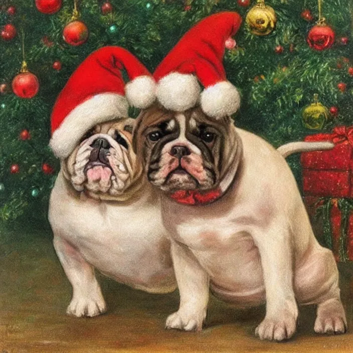 Prompt: cute bulldog puppy wearing a christmas hat by louis wain