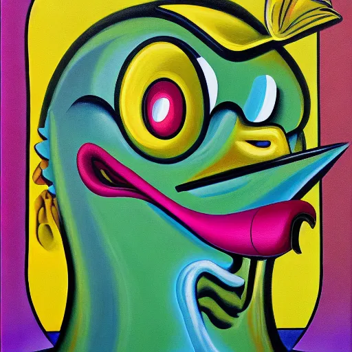 Prompt: a duck on the prowl oil painting kenny scharf