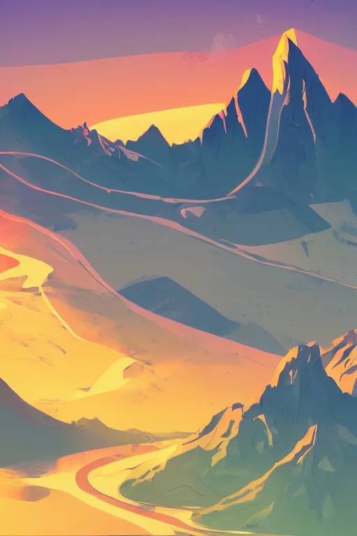 Prompt: sunrise mountain water vector illustration digital art by james gilleard trending on artstation