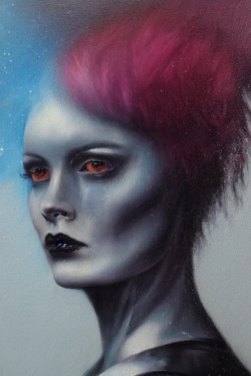 Image similar to hyperrealism oil painting, close - up portrait of punk gothic medieval brunette fashion model, knight, steel gradient mixed with nebula sky, in style of baroque