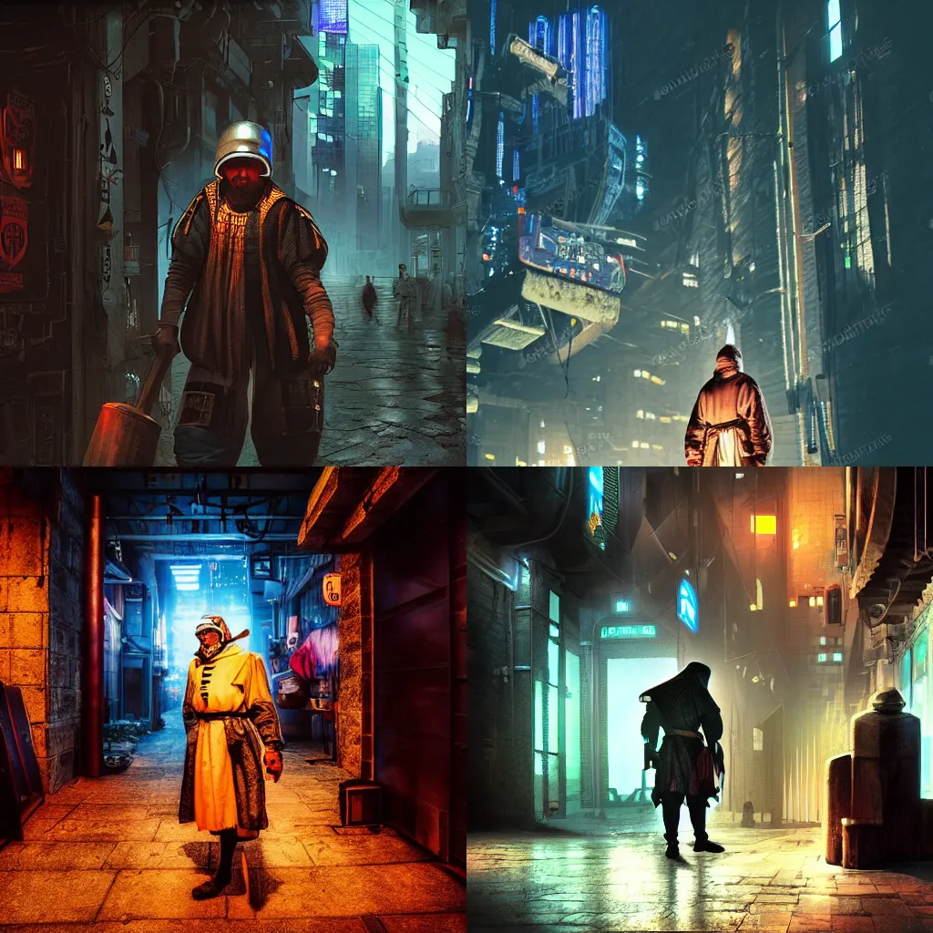 Prompt: a photo of a medieval peasant in a futuristic cyberpunk city, cyberpunk lighting