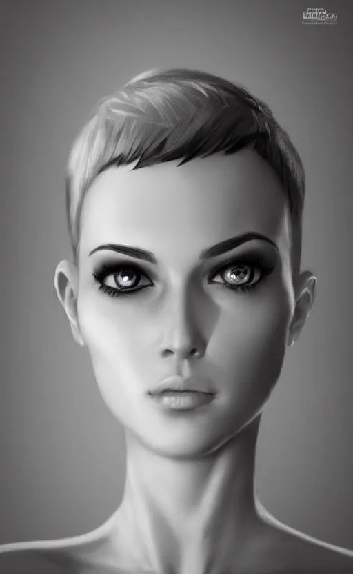 Image similar to up close portrait of a beautiful woman in black and white, photorealistic, pixie cut, intricate hair, rule of thirds, art by diego fazio and diegoKoi and oscar Ukono, concept art, sharp focus, artgerm, 8k highly detailed