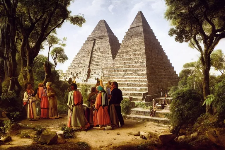 Prompt: Priests bowing before Aztec pyramid in jungle by Ludwig Deutsch and Rudolf Ernst, strong dramatic cinematic lighting, lost civilizations, smooth, sharp focus, extremely detailed