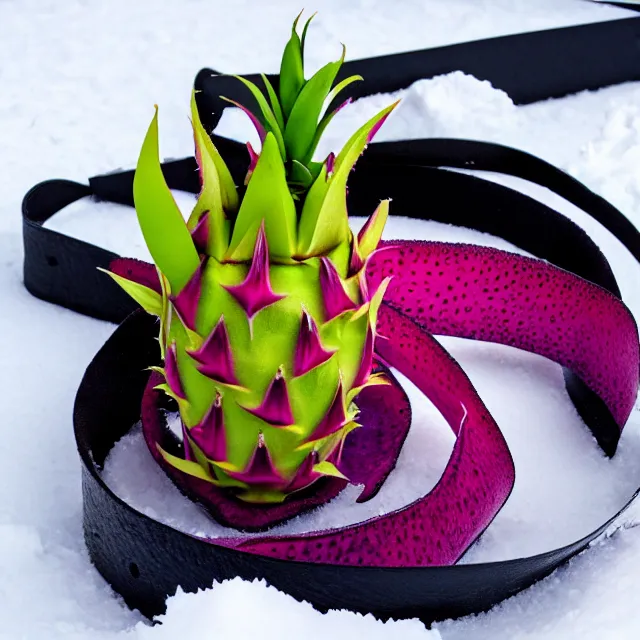 Image similar to a dragonfruit wearing a karate belt in the snow