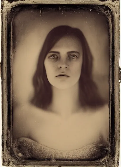 Image similar to portrait of a young women with beautiful eyes, photo realistic, elegant, award winning photograph, cinematic lighting, ambrotype wet plate collodion by richard avedon and shane balkowitsch