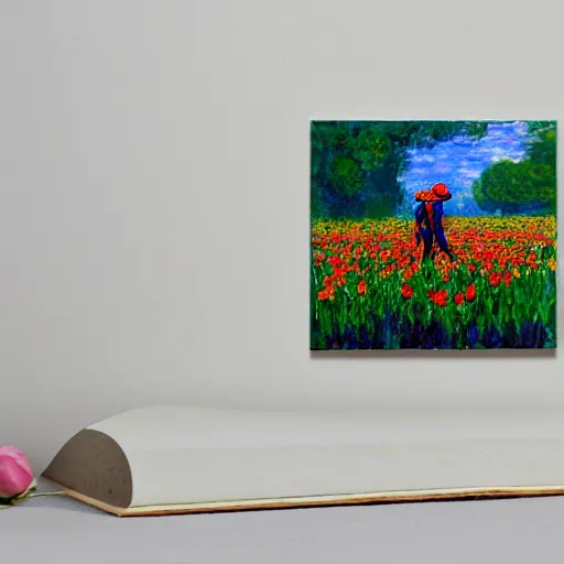 Image similar to Monet painting of Spiderman in a field of roses and tulips, back turned