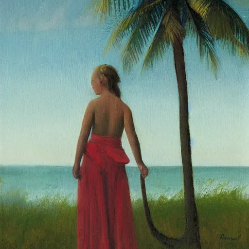 Prompt: by heywood hardy, by matti suuronen saturated, tender. the conceptual art of a young girl in a traditional hula outfit. she is standing on a surfboard in front of a beautiful ocean landscape.