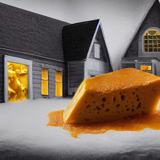 Image similar to house covered in melted cheese getting eaten by lizzo, 8 k, 4 k uhd, realistic, super detailed, very detailed, detailed