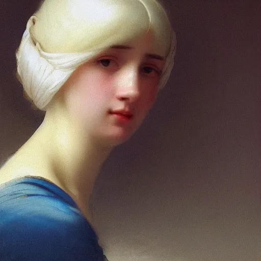 Image similar to a young woman’s face, her hair is white, she wears a long flowing blue satin veil, by ivan aivazovsky and and pieter claesz and paul delaroche and alma tadema and and willen claesz heda and aelbert cuyp and gerard ter borch, hyperrealistic, rendered in octane