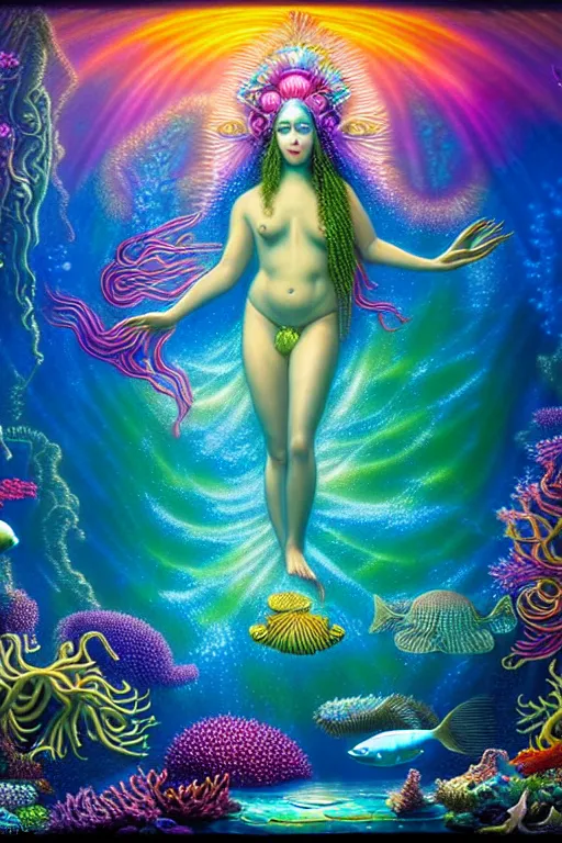 Prompt: a photorealistic detailed image of a beautiful vibrant iridescent underwater seascape of full of colorful aquatic plants and goddess of the sea, spiritual science, divinity, utopian, by david a. hardy, hana yata, kinkade, lisa frank,