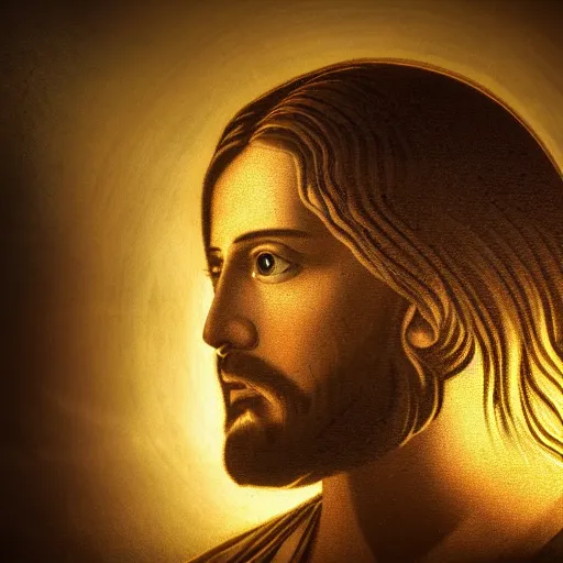 Image similar to Jesus portrait in beautiful dark landscape in the style of Dao Trong Le , intricate, epic lighting, cinematic composition, hyper realistic, 8k resolution,