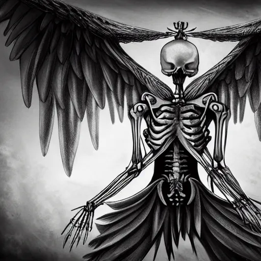 Image similar to a male skeleton with wings, illustration style, symbolic, cinematic, dark and moody scene, super detailed and intricate, elegant, hyper - realistic